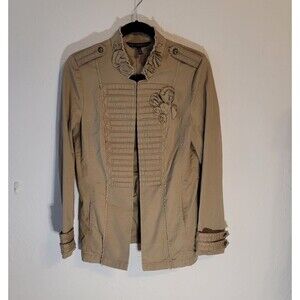 WHBM Military Jacket 6 Tan Ruffle Trim Rosette Detail Fitted Chic Tailored Boho